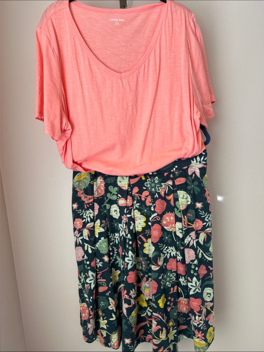 Lands' End Coral Top with Black Floral Skirt